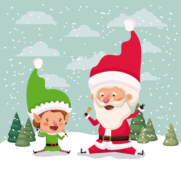 Premium Vector | Little elf and santa claus characters in snowscape ...