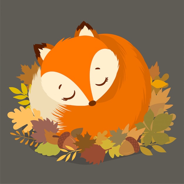 Little fox sleeping between dry leaves Vector | Premium Download