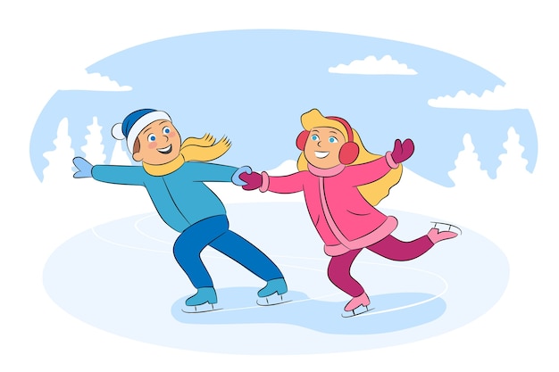 小さな女の子と男の子のスケート 暖かい服の漫画のキャラクターの陽気な子供たち アイススケートリンクで子供たちを笑顔 アクティブなレクリエーション プレミアムベクター