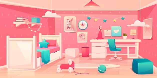 Little Girl Bedroom Cozy Interior Cartoon Vector Free Download