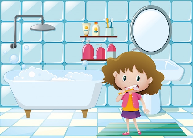 Free Vector | Little girl brushing teeth in bathroom