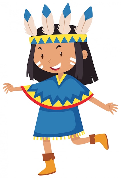 아메리카 원주민 인디언으로 옷을 입은 어린 소녀 무료 벡터