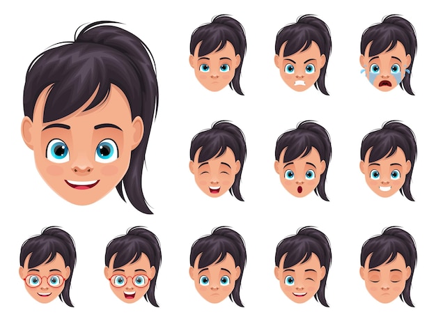 Premium Vector | Little girl face expressions design illustration isolated