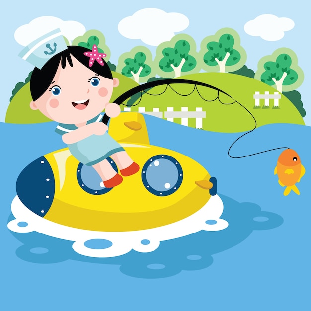 Download Little girl fishing cartoon illustration Vector | Premium ...