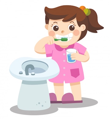 Premium Vector | A little girl happy to brush teeth in the morning.