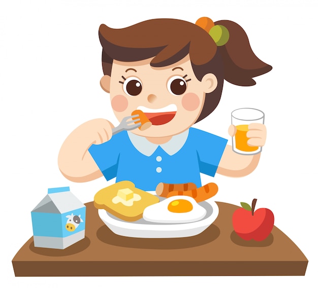 Premium Vector | A little girl happy to eat breakfast in the morning.