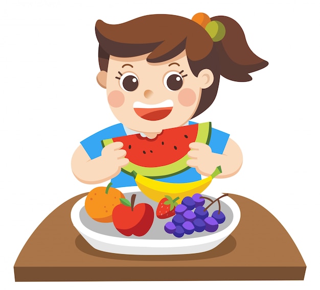 Premium Vector | A little girl happy to eat friuts. she love friuts ...