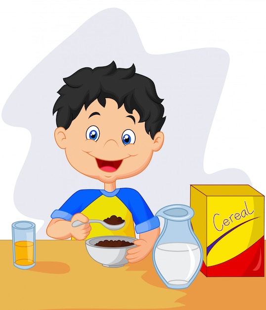 Premium Vector | Little girl having breakfast cereals with milk