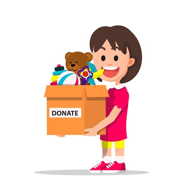 Premium Vector | Little girl holds a cardboard box containing her toys ...