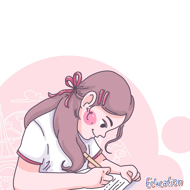 Premium Vector Little Girl Do Homework Cartoon Character Design