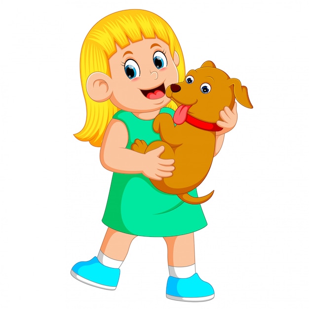 Premium Vector | A little girl is holding her brown puppy with her hands