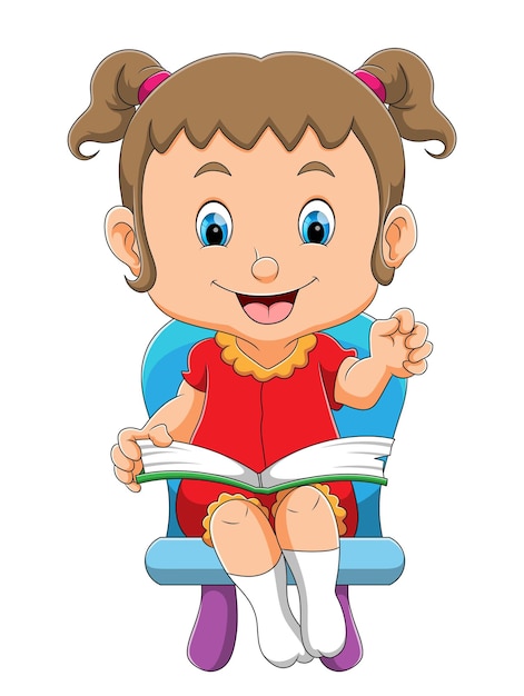 The little girl is reading a book on the chair of illustration Premium Vector