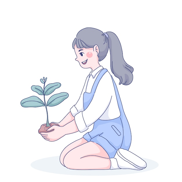 小さな女の子の植樹イラスト プレミアムベクター