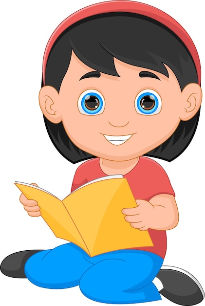 Little girl reading a book cartoon Premium Vector