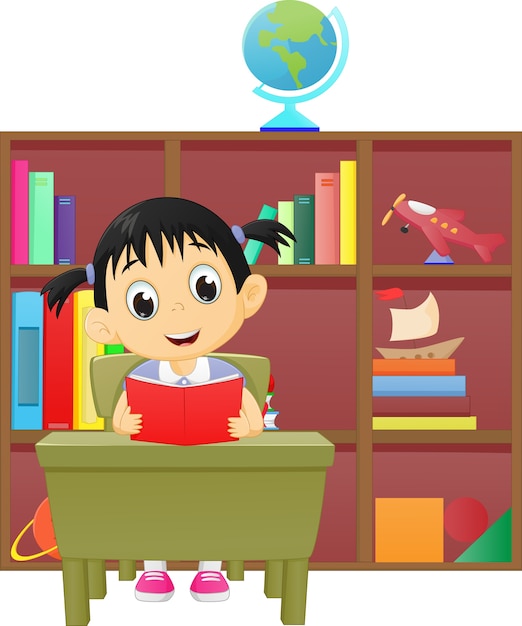 Download Little girl reading a book in the library | Premium Vector