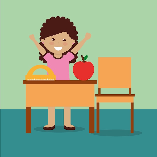 Little Girl Student With Apple And Protractor And Desk Chair