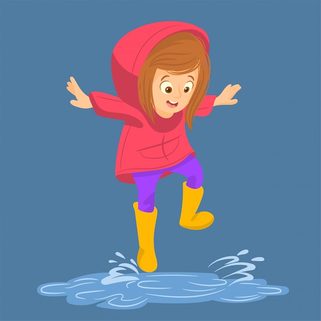 Little girl in waterproof coat jumps in puddle | Premium Vector