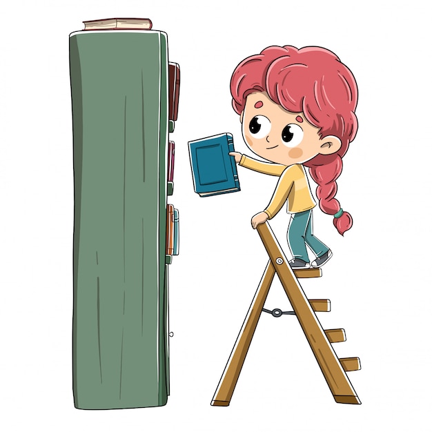 Little Girl With A Book Placing It On The Bookshelf Premium Vector