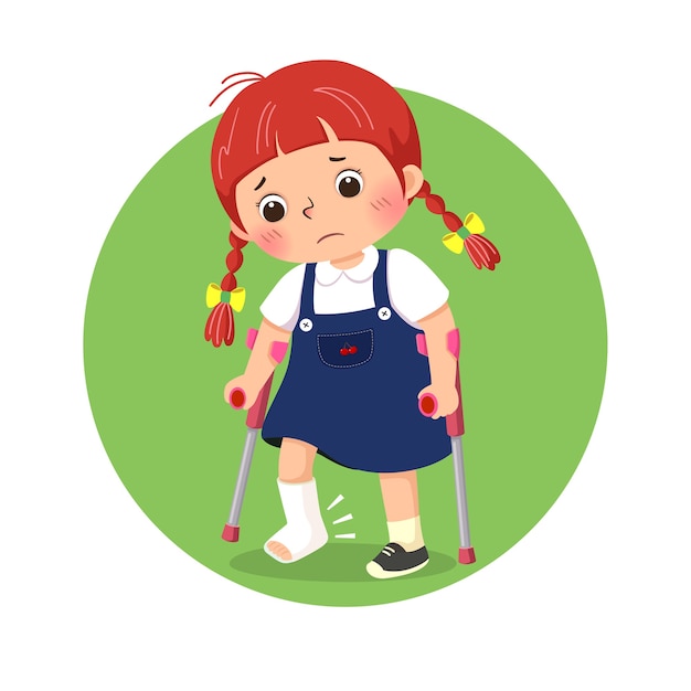 松葉杖を使用して歩く足の骨折包帯ギプスを持つ少女 プレミアムベクター
