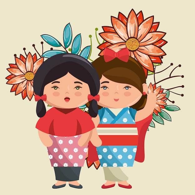 花のキャラクターと小さな日本のカップル女の子かわいい プレミアムベクター