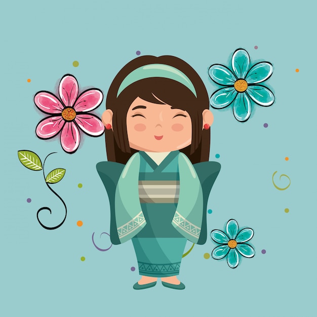 小さな日本の女の子かわいい花のキャラクター プレミアムベクター