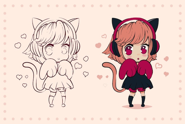 Premium Vector Little Kawaii Anime Girl With Cat Ears And Paws