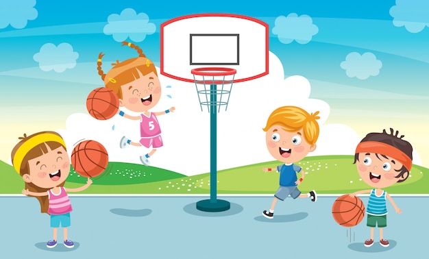 Premium Vector | Little Kids Playing Basketball Outside