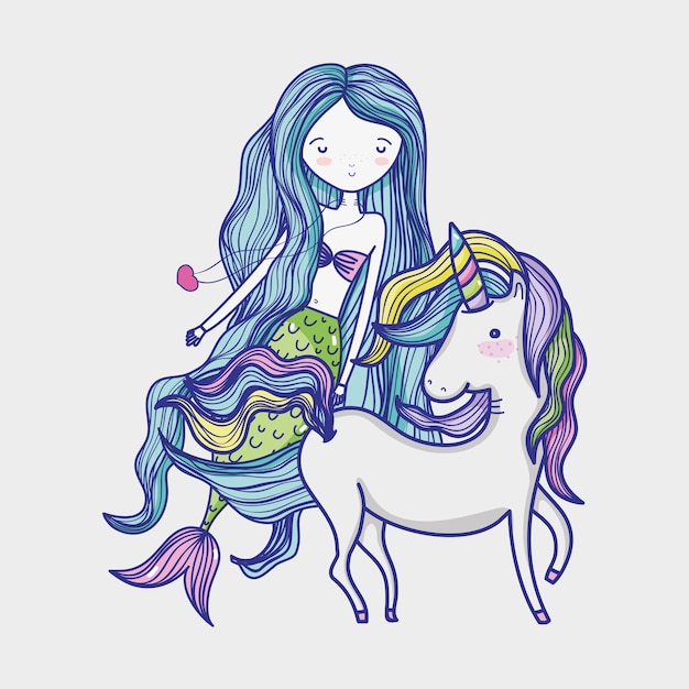 Download Little mermaid with unicorn art cartoon | Premium Vector