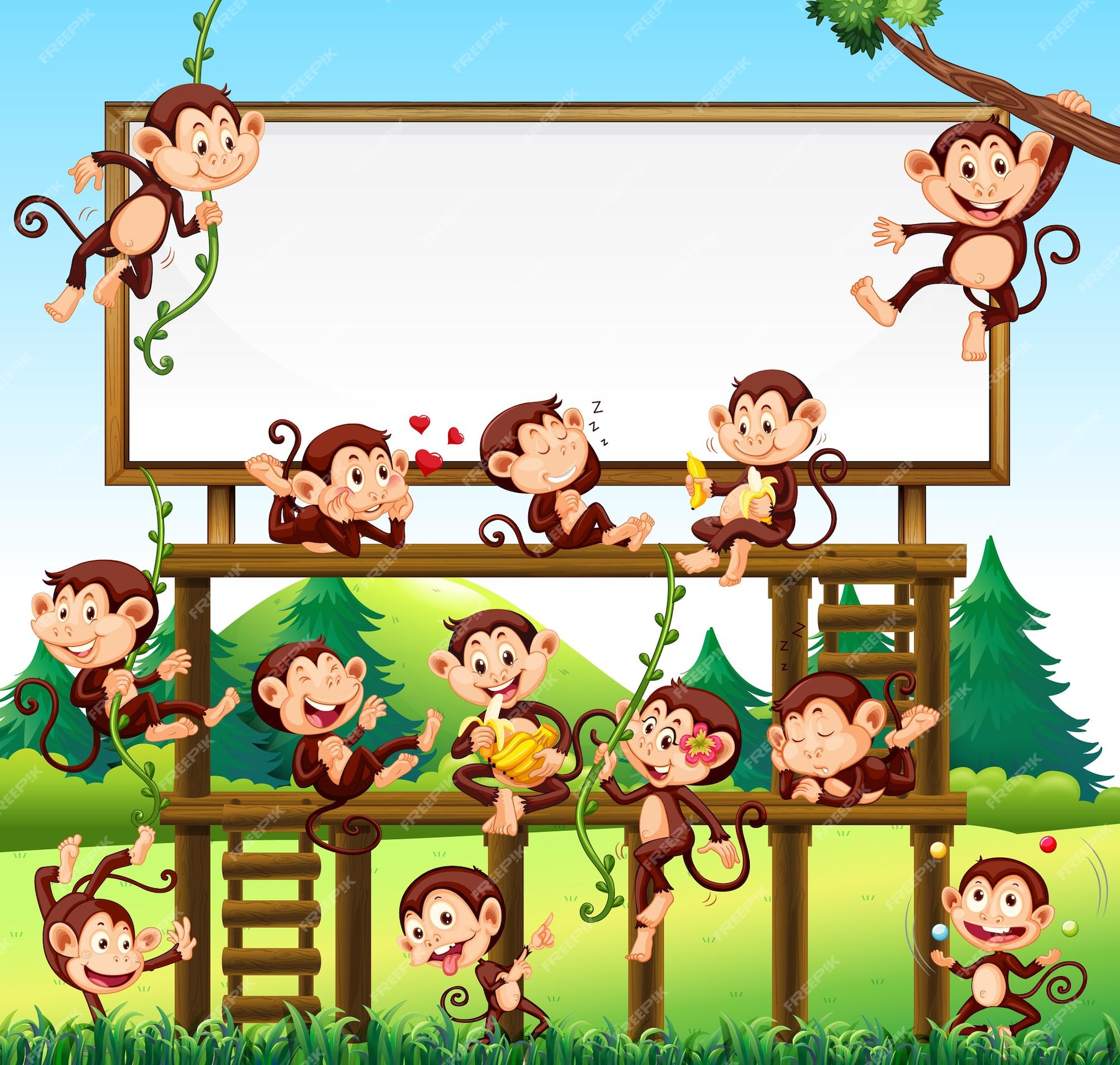 Premium Vector | Little monkeys on park background