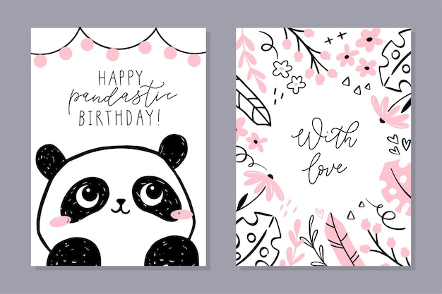 カードの小さなパンダのセット かわいいパンダのキャラクター 手書きのフレーズと花のフレーム プレミアムベクター