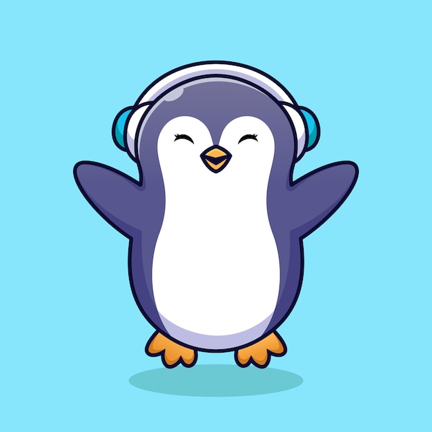 Premium Vector | Little penguin icon using headset for winter animal logo