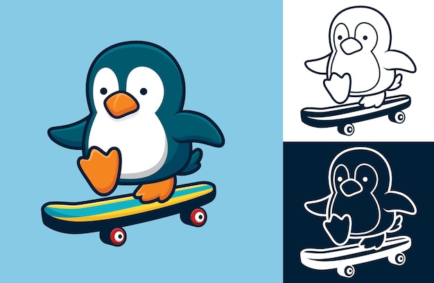 スケートボードをしている小さなペンギン フラットアイコンスタイルの漫画イラスト プレミアムベクター