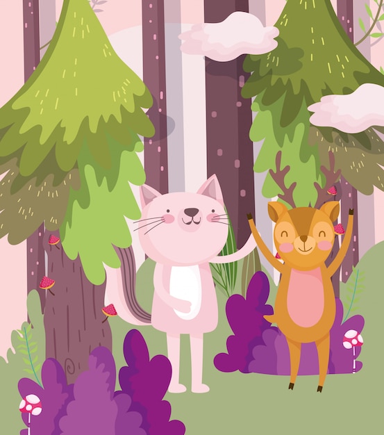 小さなピンクの猫と鹿の漫画のキャラクターの森の葉の自然 プレミアムベクター