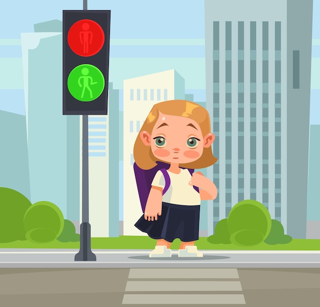 Premium Vector | Little school girl crossing pedestrian abiding rules ...