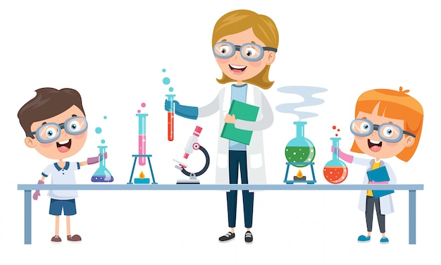 Premium Vector | Little students doing chemical experiment