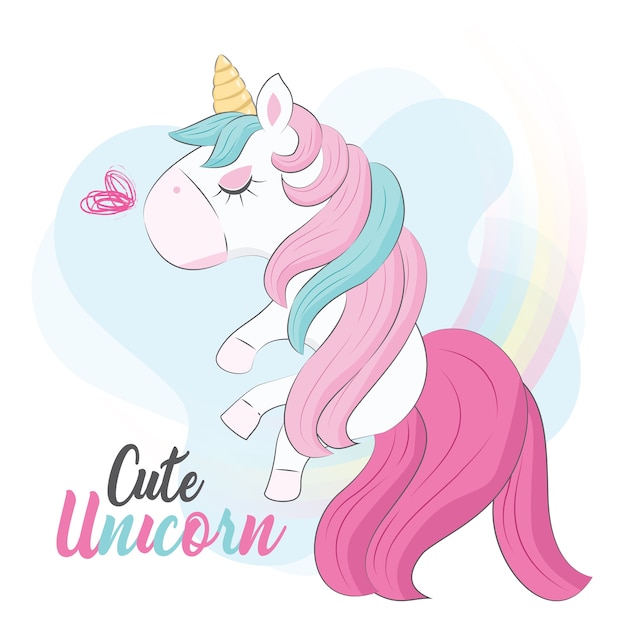 Little unicorn flying among the rainbow Vector | Premium Download