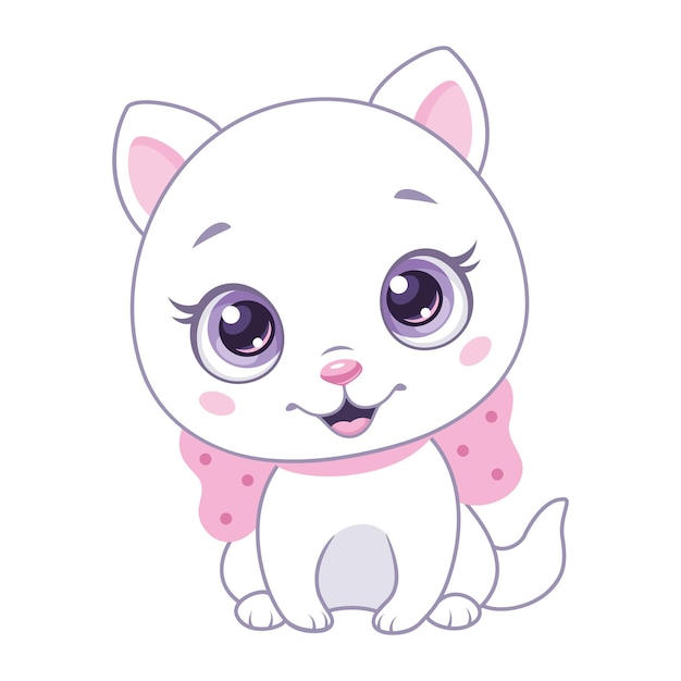 Premium Vector | Little white cat with pink bow sitting on white ...