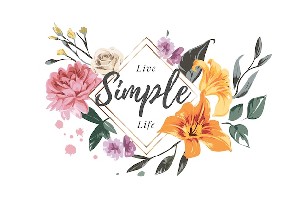 色とりどりの花で飾られたイラストのシンプルな生活スローガンを生きる プレミアムベクター
