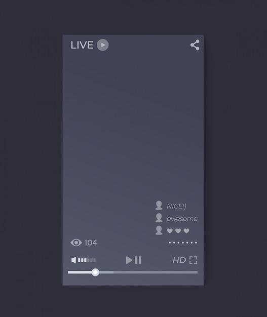 Live streaming video player interface, mobile app, vector ...