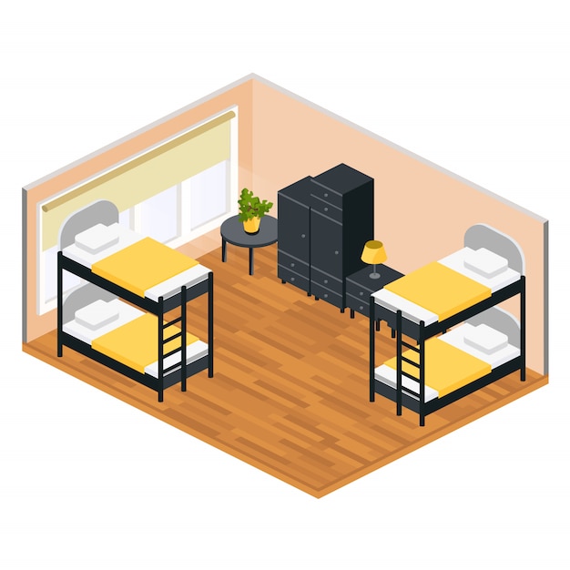 Living room in a hostel in isometric Premium Vector