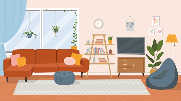 リビングルームのインテリア 快適なソファ テレビ 窓 椅子 観葉植物 フラット漫画イラスト プレミアムベクター