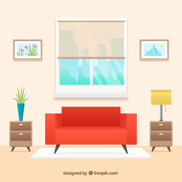 Living-room interior with red sofa in flat design Vector | Free Download