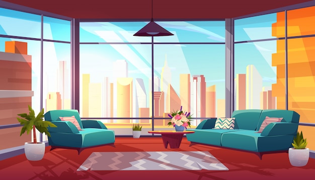 Living room with panoramic window interior | Free Vector