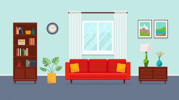 Download Premium Vector | Living room with red sofa, bookcase, torchere, vase, plant, paintings and ...