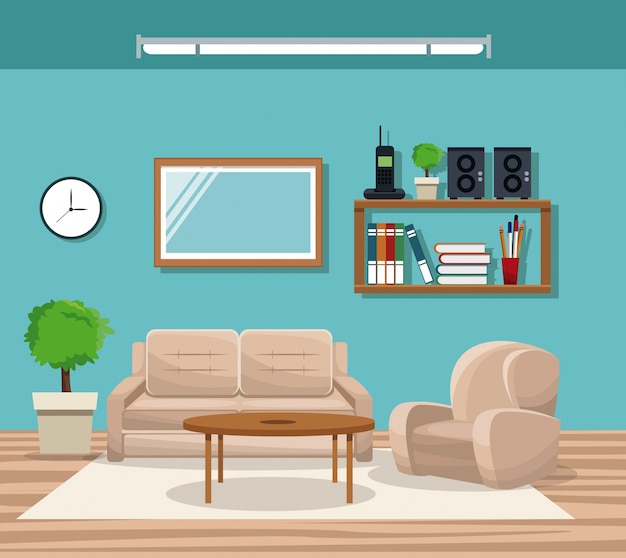 Premium Vector | Living room with sofa chair pot tree ...