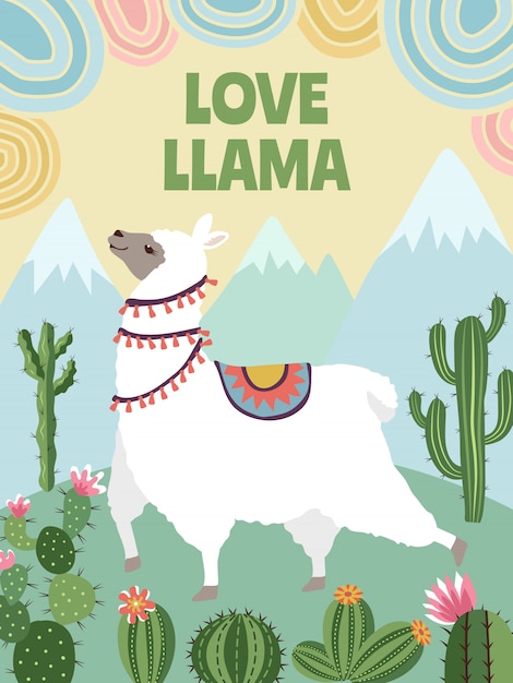 Llama, mountains and cactus Vector | Premium Download