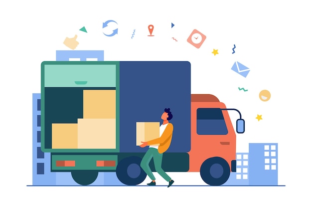 Free Vector | Loading workman carrying box in truck. parcel, logistics ...