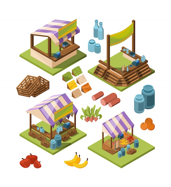 Premium Vector | Local farm isometric, food marketplaces with meat ...