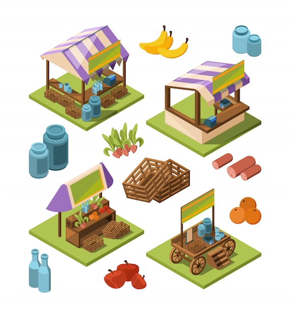 Local farm isometric. outdoor marketplaces with country food fruits ...