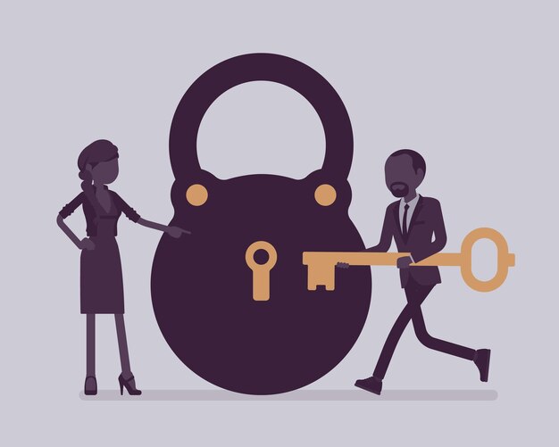 Premium Vector Lock And Key Business Problem Solving And Decision Making Metaphor Man And Woman Ready To Open Unlock A Secret Method Formula Or Process Find Answer Vector Illustration And Faceless